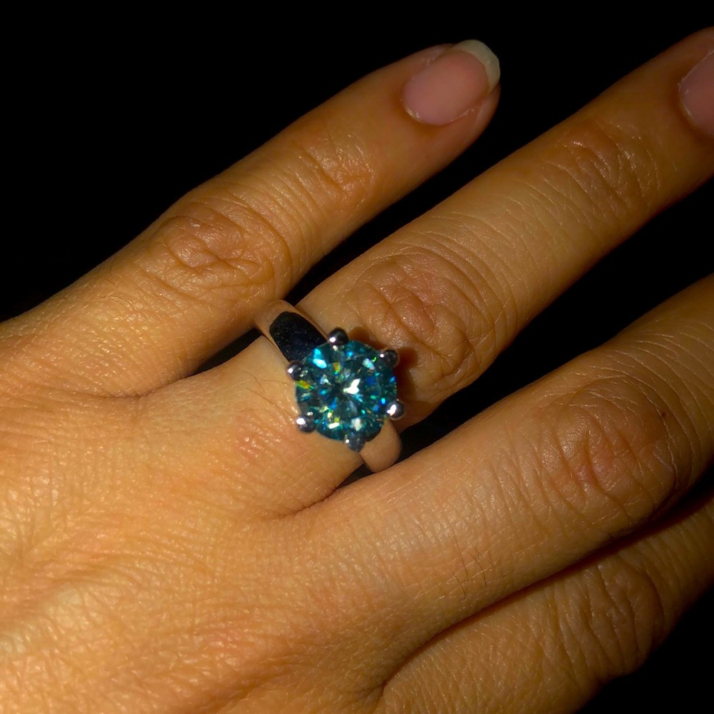 Teal blue lab grown diamond moissanite ring